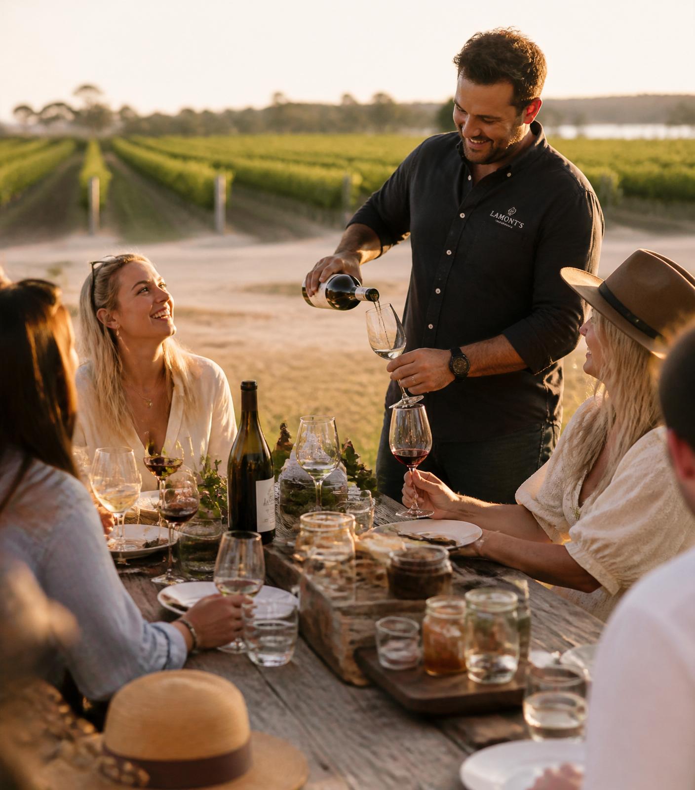 Host pouring wine for guests at a Swan Valley estate table at golden hour