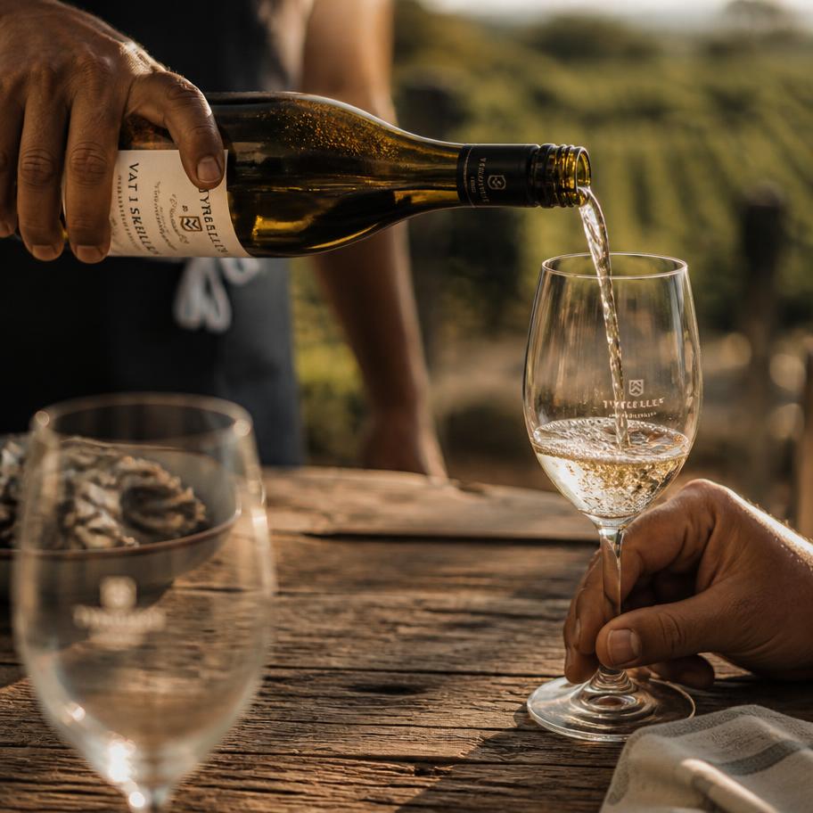 Hands pouring white wine into a glass over a rustic wooden table