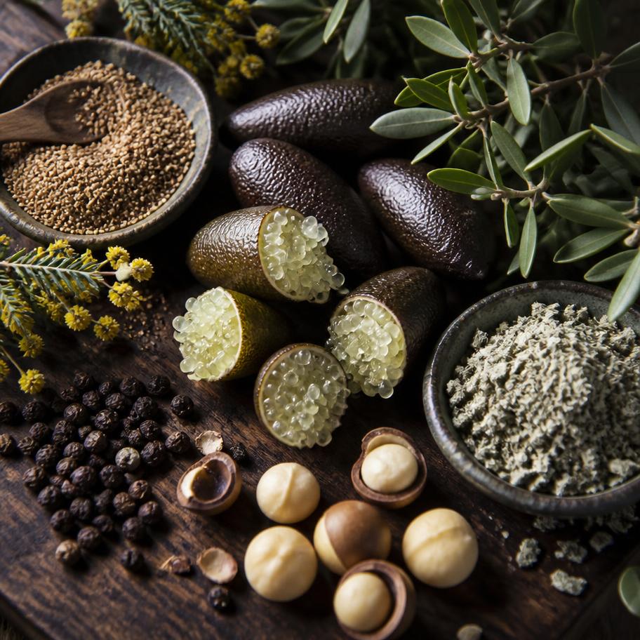 Native Australian bush tucker ingredients arranged on a dark timber board